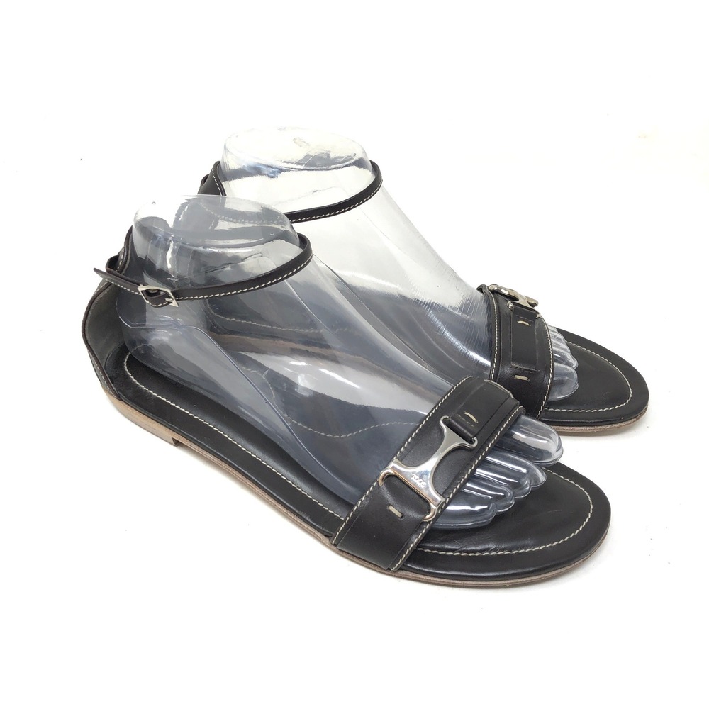Tods Womens 38 Sandals Black Leather Ankle Strap Silver T-Bar Hardware Flat